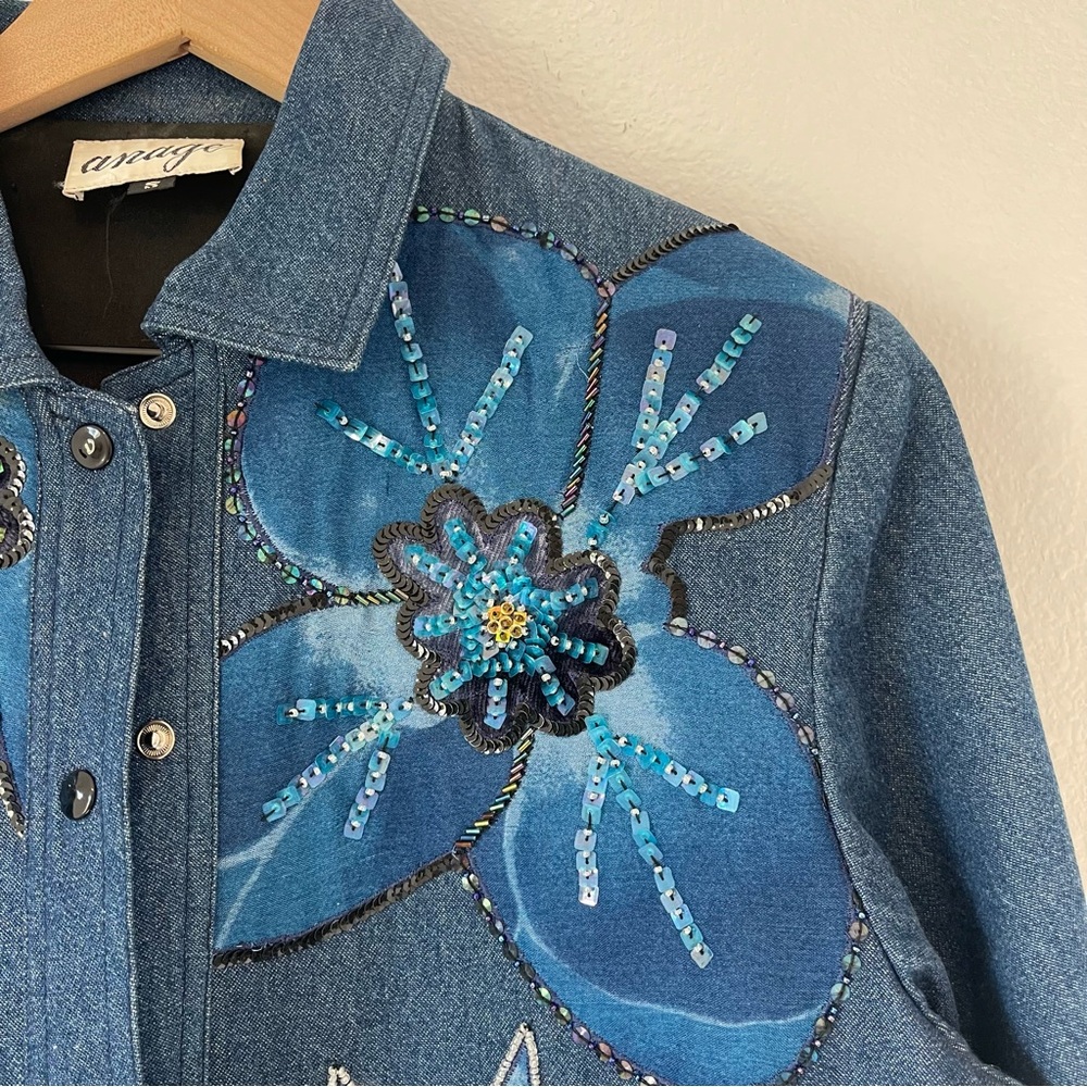 Vintage Anage Jean Jacket with Floral and Beaded Embellishments - Picture 3 of 13